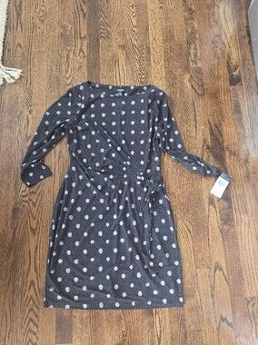 Womens Chaps Blue And Gray Polka Dot Dress Size Petite Large. BNWT.